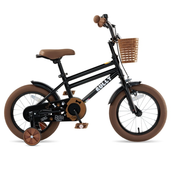 Rully 14 inch Boys Bike with Training Wheels, Kids Bicycle with Coaster and Hand Brake, Basket, Steel Frame, Ages 3-5, Black
