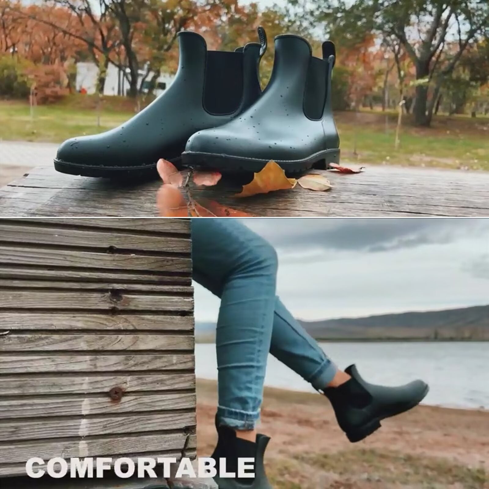 Cyiecw Women's Short Rain Boots Waterproof Anti Slip Rubber Ankle Chelsea Booties Rainboots for Women, Black, Size 11