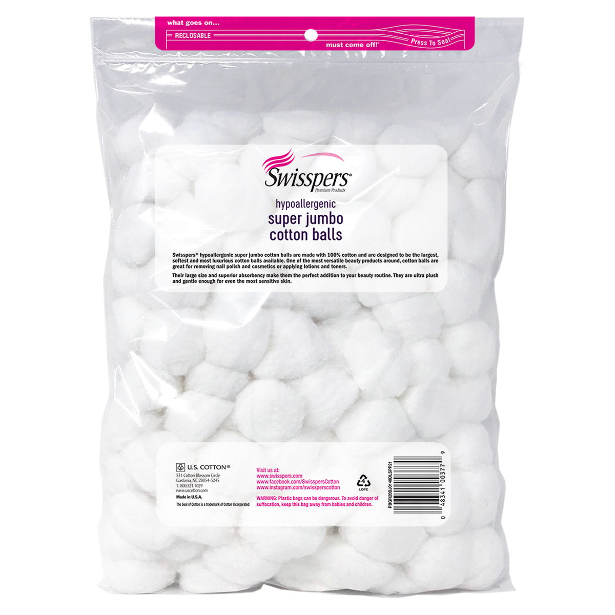 Swisspers 140ct, 100% cotton, white, Premium Hypoallergenic Super Jumbo Cotton Balls - image 4 of 4
