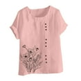 thumbnail image 4 of Cavosen Short Sleeve Women's Shirts for Leggings Artificial Cotton Linen Floral Print Button Summer Tops Round Neck Comfy Loose Fit Pullover Blouse Lightweight Beach Tees Pink XL, 4 of 4