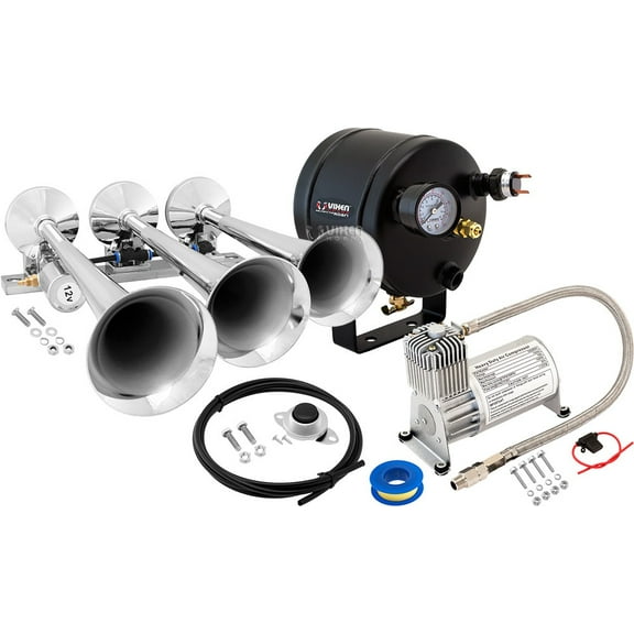 Vixen Horns Train Horn Kit for Trucks/Car/Semi. Complete Onboard System- 150psi Air Compressor, 0.5 Gallon Tank, 3 Trumpets. Super Loud dB. Fits Vehicles like Pickup/Jeep/RV/SUV 12v VXO8705/3118