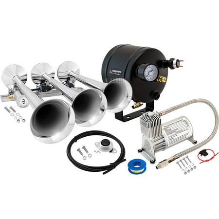 - Vixen Horns Loud 149dB 3/Triple Chrome Trumpet Train Air Horn with 0.5 Gallon Tank and 150 PSI Compressor Full/Complete Onboard System/Kit VXO8705/3118