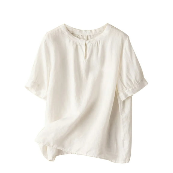 Womens Pure Linen Short Sleeve Blouses Basic Summer Casual Tops