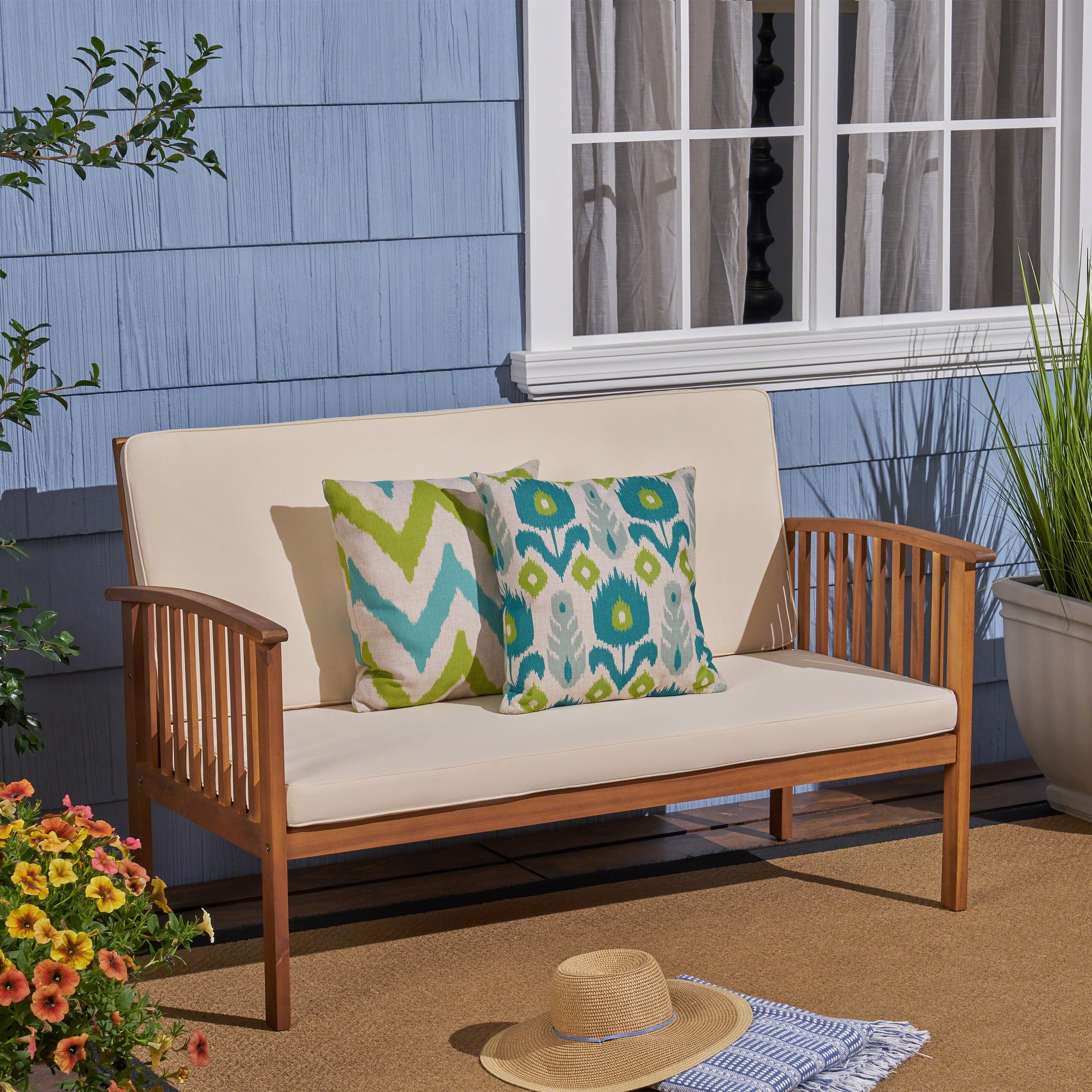 Outdoor Double Seat Loveseat Sofa, Solid Acacia Wood Frame Leisure Couch for Patio Garden, Teak and Beige