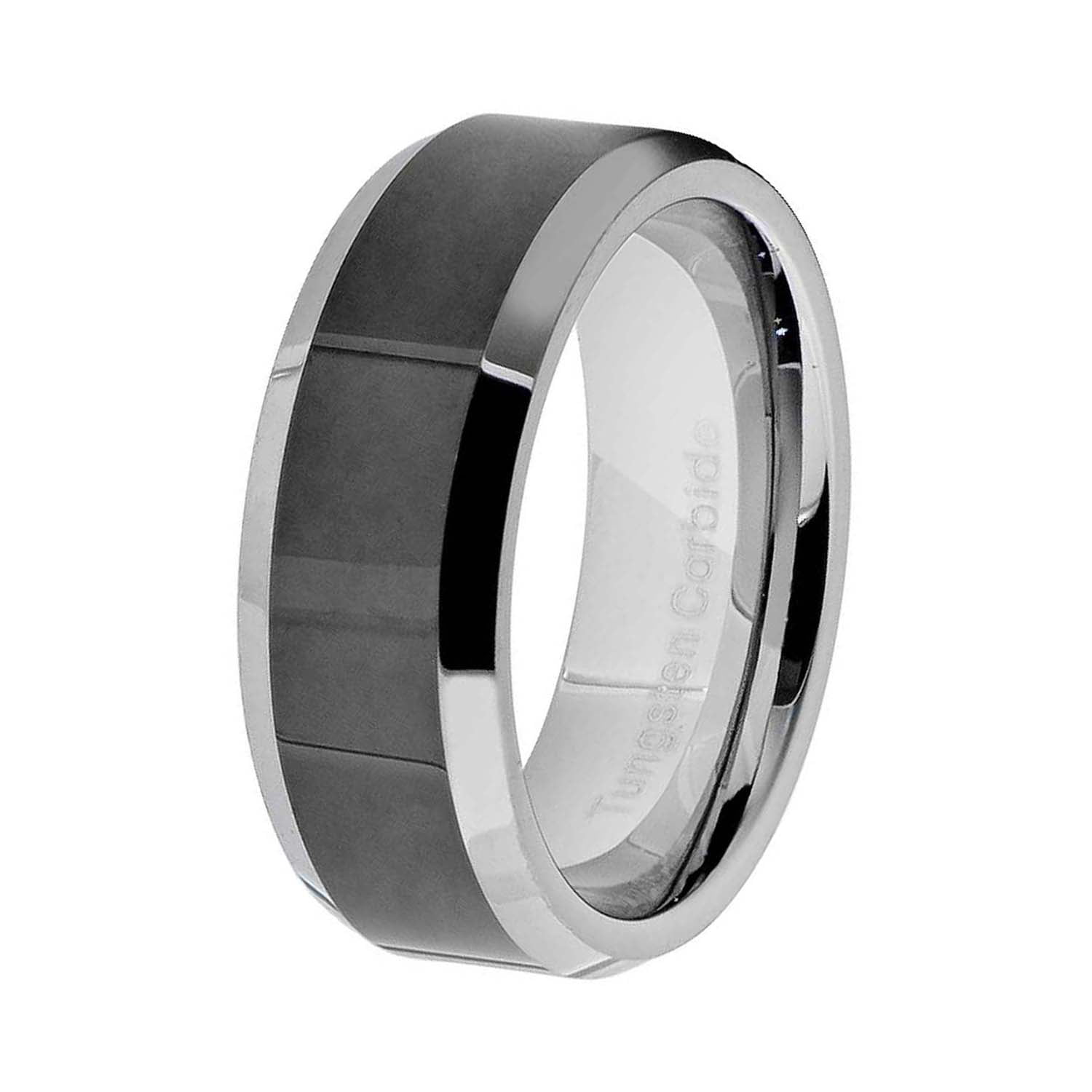 FlameReflection 8mm High Polish Pipe Cut Beveled Edge Tungsten Band Mens Wedding Ring 