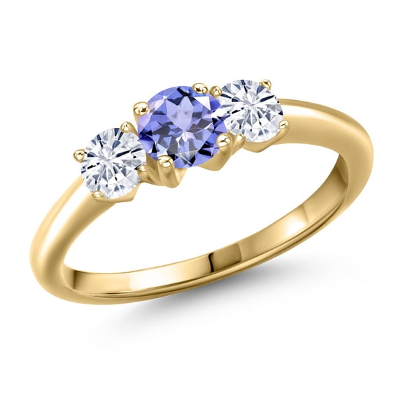 Gem Stone King 10K Yellow Gold Blue Tanzanite and White Moissanite Engagement Ring for Women | 0.92 Cttw | Round 5MM | Gemstone December Birthstone | Size 7
