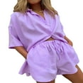 thumbnail image 3 of Women Casual Clothes Set Summer Solid Color 3/4 Sleeve Button-up Shirts Tops and Drawstring Shorts Outfits, 3 of 4