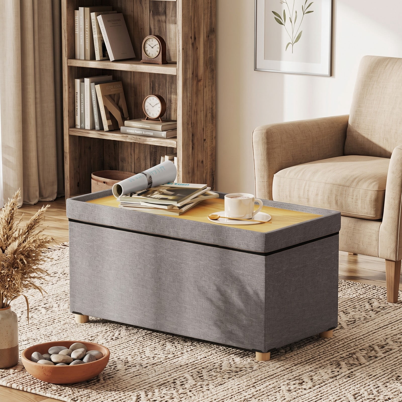 Furnibear 30 Inch Linen Storage Ottoman Bench with Flip Lid Tray and Rubber Wood Legs for Living Room, Bedroom and Entryway Foot Rest, Gray