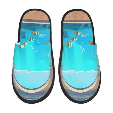 Balery Underwater Aquarium Arches Slient Indoor Furry Fleece Comfort House Shoes Soft Non-Slip Home Shoes Cotton slippers House Slippers-- Large