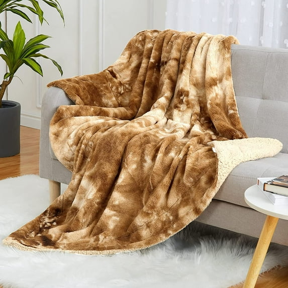 Faux Fur Throw Blanket, Tie-Dye Decorative Reversible Sherpa Throw Blanket for Sofa Bed Couch, Fluffy Fuzzy Plush Microfiber Double Layer Bed Throw Fur Blanket for Winter