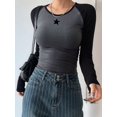 thumbnail image 2 of Women'S Long Sleeve Shirts Slim Fit Stretchy Color Block Slightly Cropped Tops Dark Gray Stars XL, 2 of 5
