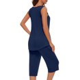 thumbnail image 4 of Nrmvnmi Women's Summer Pajamas Loose Loungewear Sets Pleated Round Neck Sleeveless Tops and Elastic Waist Capri Pants Lounge Sets 2 Piece Outfits Dark Blue MMothers Day Gifts, 4 of 8