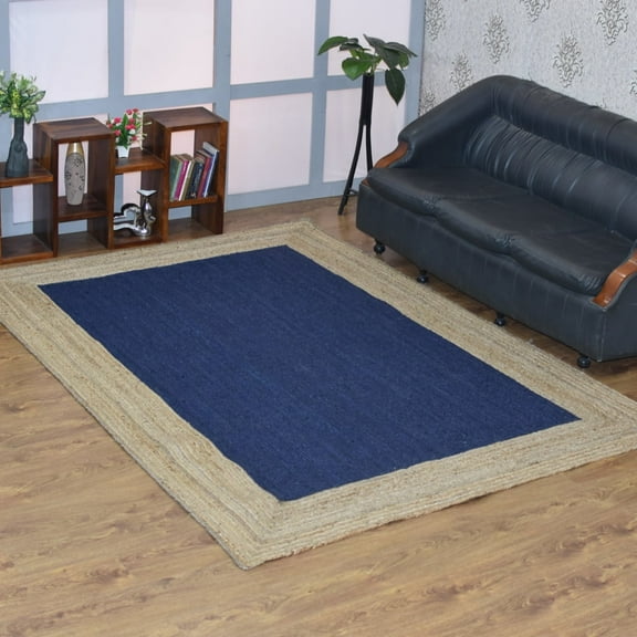 HAND WOVEN JUTE ECO-FRIENDLY AREA RUGS - 5'x8', Rectangle Shape, Blue Beige Color, Contemporary Pattern, High Pile, Natural Fiber, Outdoor Indoor Handmade Area Rugs for Living Room, Bed Room (J00026)
