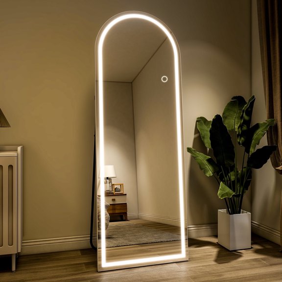 BEAUTYPEAK Miroir Pleine Longueur 64 Pouces x 21 Pouces Arqué avec Lumière DEL, Miroir sur Pied, Blanc