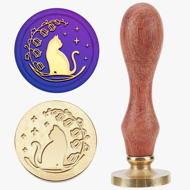 Sello de lacre con gato y lirio de los valles, flor, gato y estrella. Sello vintage de latón extraíble de 25 mm con mango de madera.
