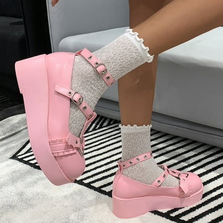 

Women‘s Platform T-strap Shoes Solid Color Heart Decor Shoes Y2K Style Shoes Anime Style Shoes