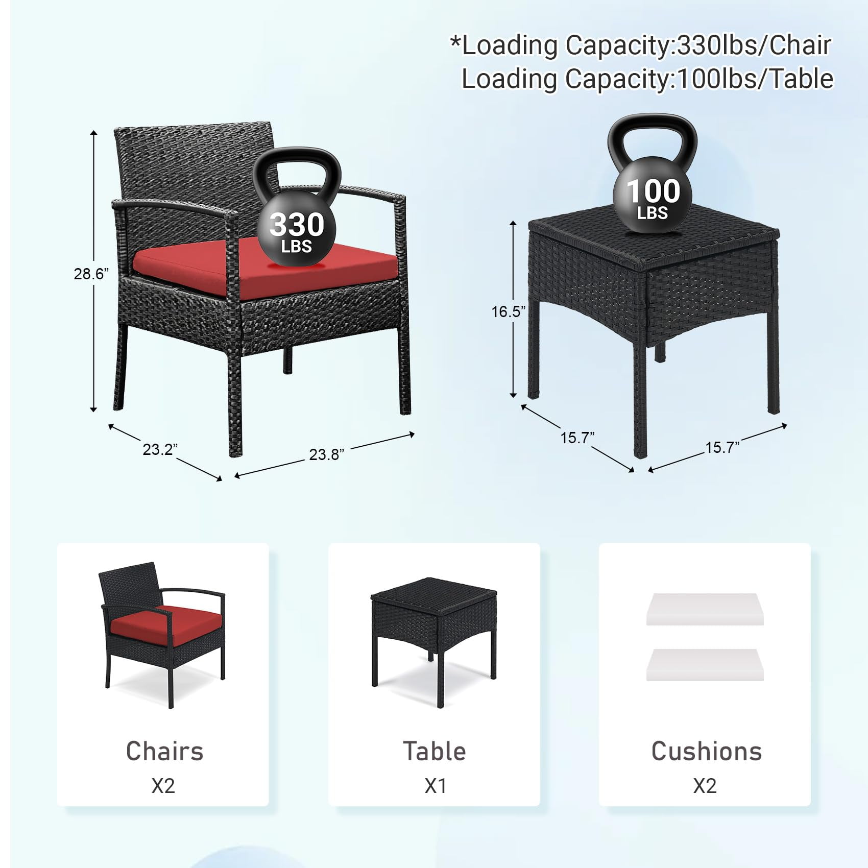 Tappio Outdoor Furniture 3 Piece Patio Bistro Furniture Set, Rattan Conversation Chairs Set with Side Table and Cushions, Patio Furniture Sets for Balcony Garden Porch, Red