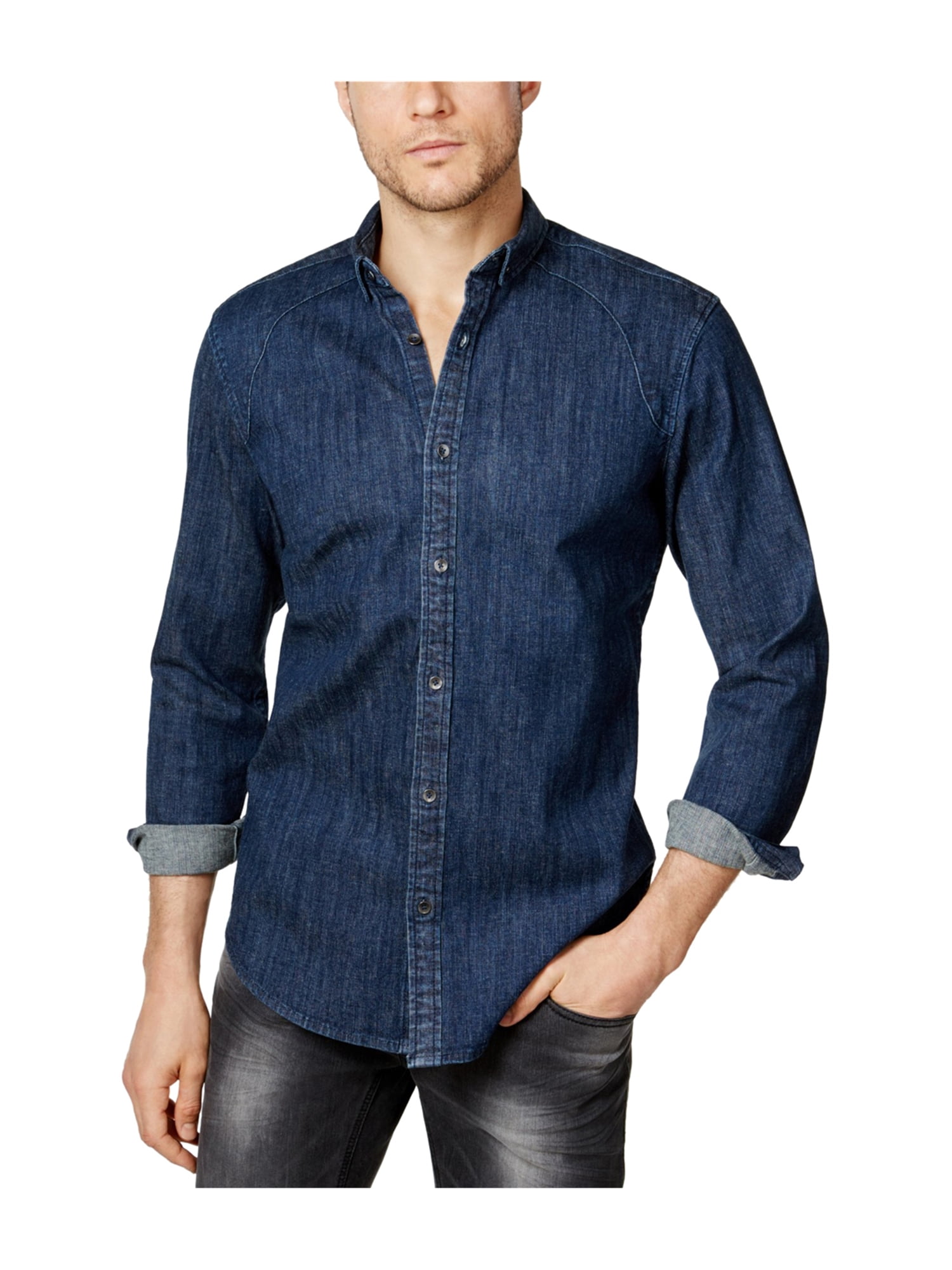 INC Mens Denim Button Up Shirt mediumwash L Walmart Canada