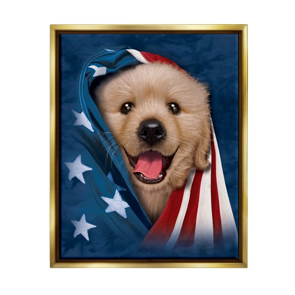 Stupell Industries Puppy & American Flag Animals & Insects Painting Gold Floater Framed Canvas Art Print Wall Art, 25 x 31