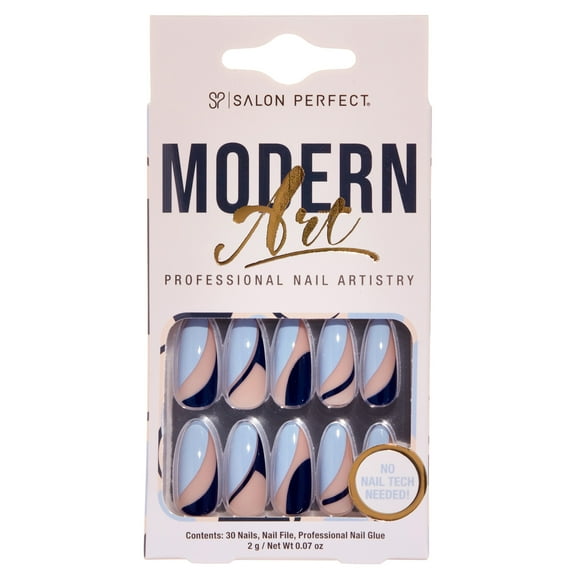 Salon Perfect Artificial Press on Nails, 192 Modern Art Blue Swirl, Long Almond Glue On Fake Nails, File & Nail Glue Included, 30 Nails