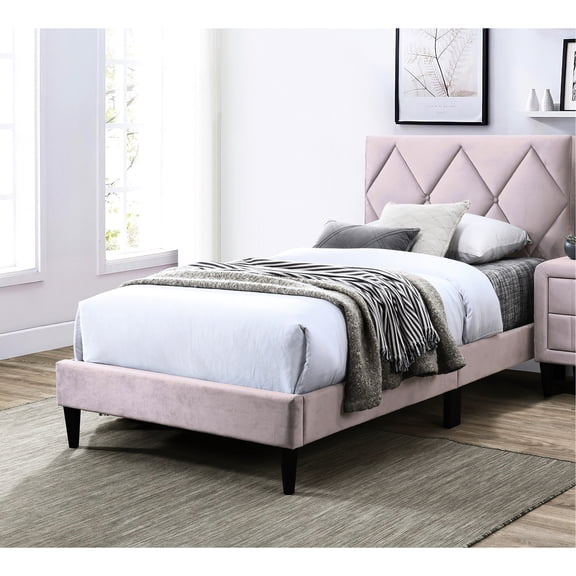 Adjustable Headboard Twin Size Bed, Pink Velvet, Contemporary Bedroom Bed In For Comfort