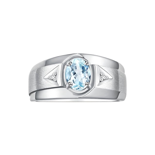 RYLOS Men's Rings Sterling Silver Classic 7X5MM Oval Gemstone & Diamond Ring Aquamarine March Birthstone Rings For Men, Men's Rings, Silver Rings, Size 8