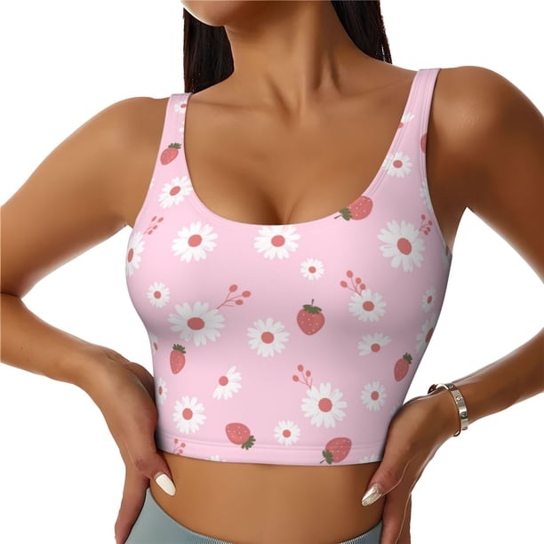 Fotbe Hand Drawn Strawberry Sujetador Deportivo Largo sin Aros para Mujer con Almohadillas y Soporte Medio, Transpirable y Absorbente, Camiseta Tipo Chaleco o Tank Top-Medium