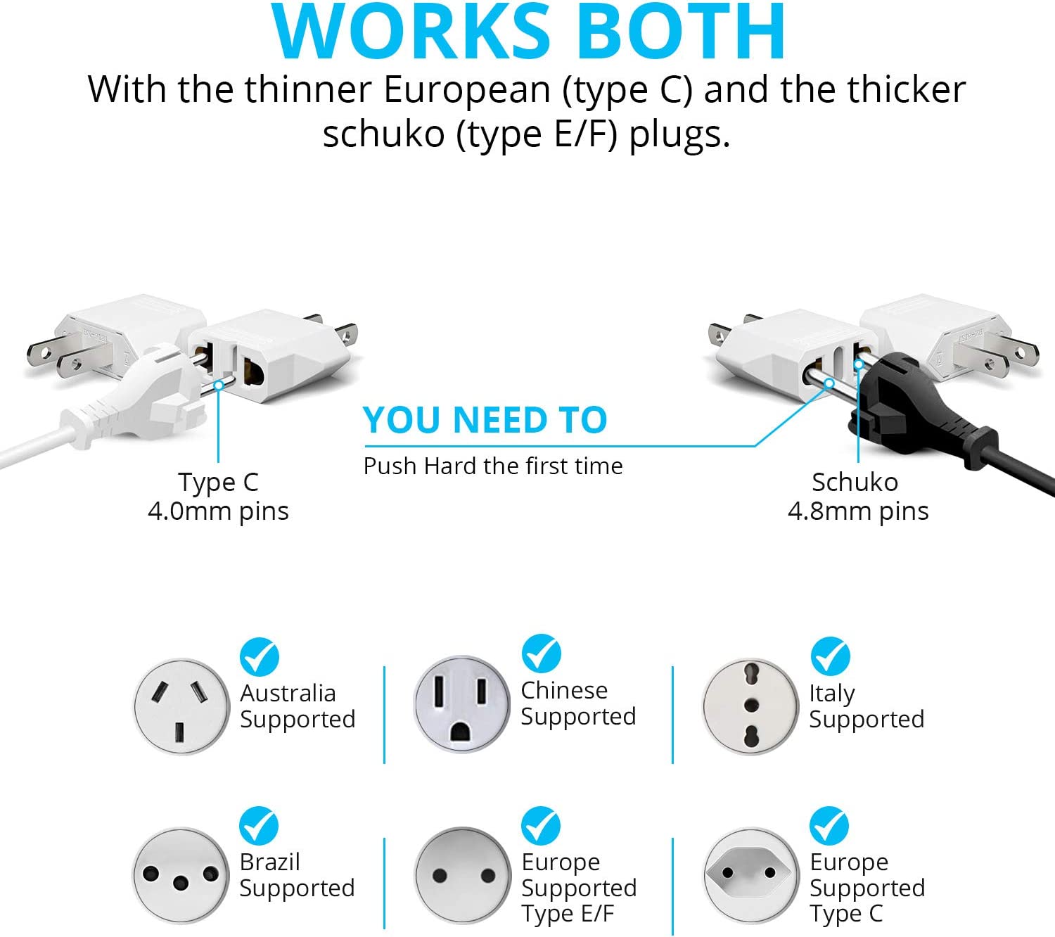 Europe to US Plug Adapter, 2 Pack, European to USA Plug Adapter, EU to US Plug Converter, Travel from Europe to USA Outlet, Power Travel Adapters European to American, Canada, Mexico, Type A