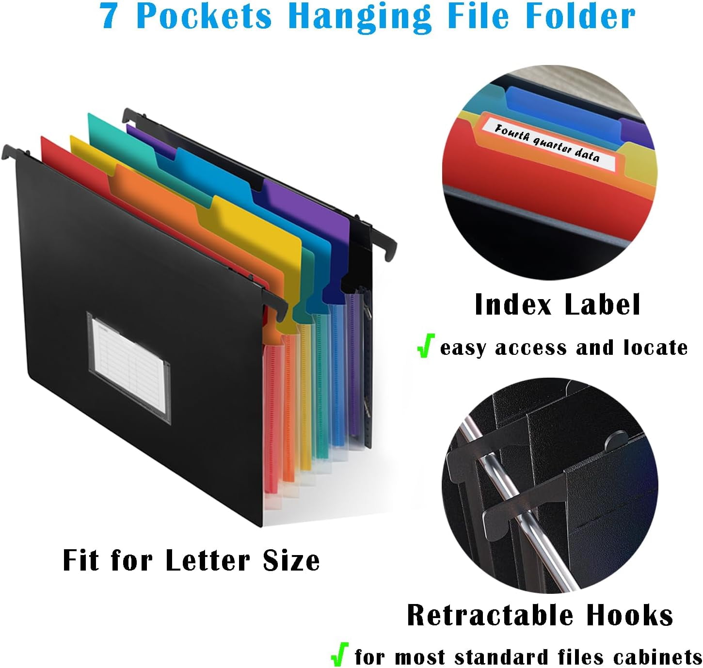 2-in-1 Expanding Hanging File Folders for Filing Cabinet, TRANBO 7 Pockets Extra Capacity Hanging Accordion File Organizer with Retractable Hook, 1/3-Cut Tab, Letter Size for Files Frame - 3 Pack
