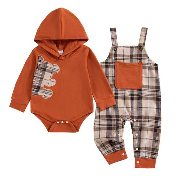 KIMI BEAR Newborn Baby Boys Outfit Set 3-6 Months Winter Clothes Long Sleeves Bear Print Romper Hoodie Top Plaid Suspender Pants Pocket 2pcs Casual Clothing Brown