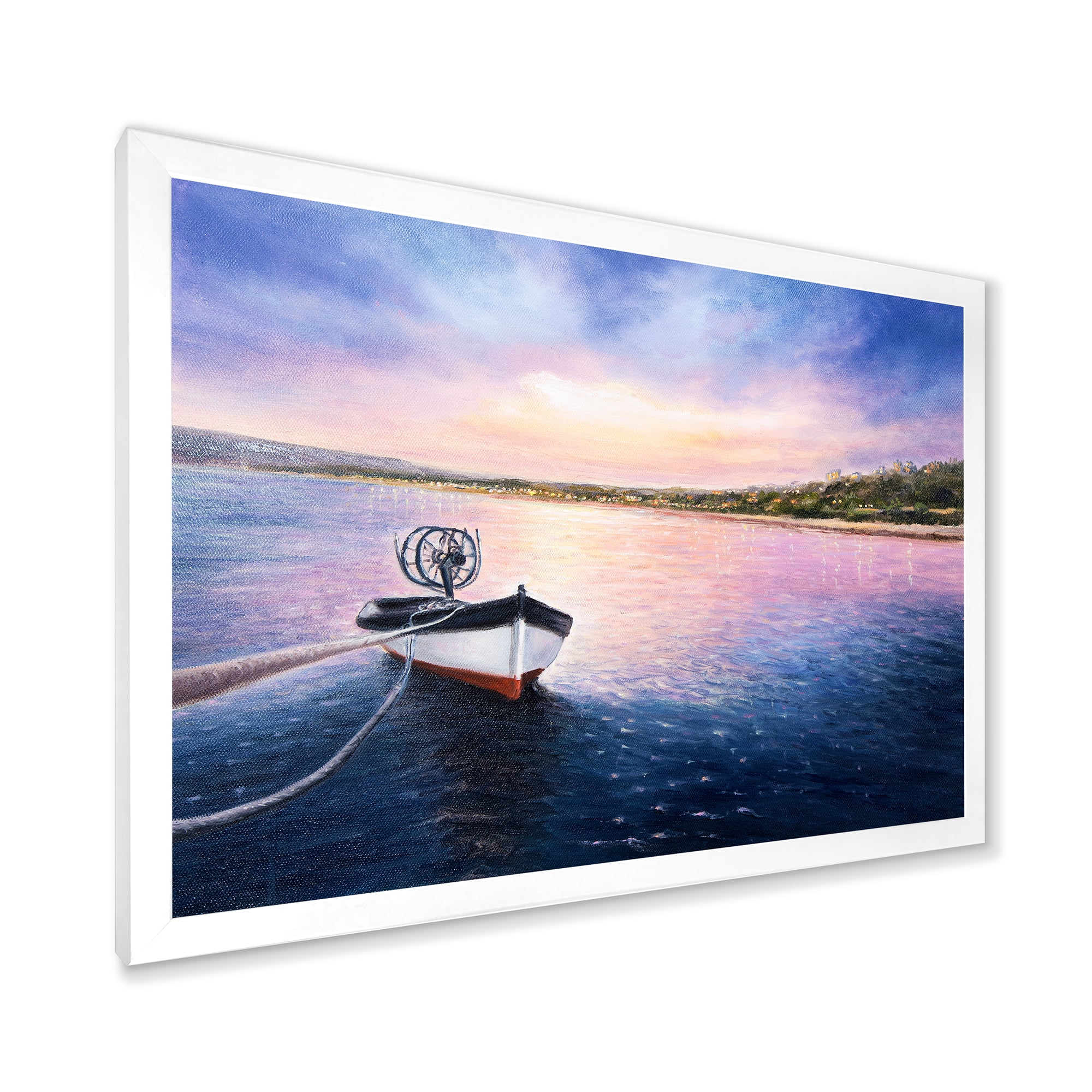 Designart 'VIbrant Sunset Over Fishing Boat By The Shore' Lake House Framed Art Print