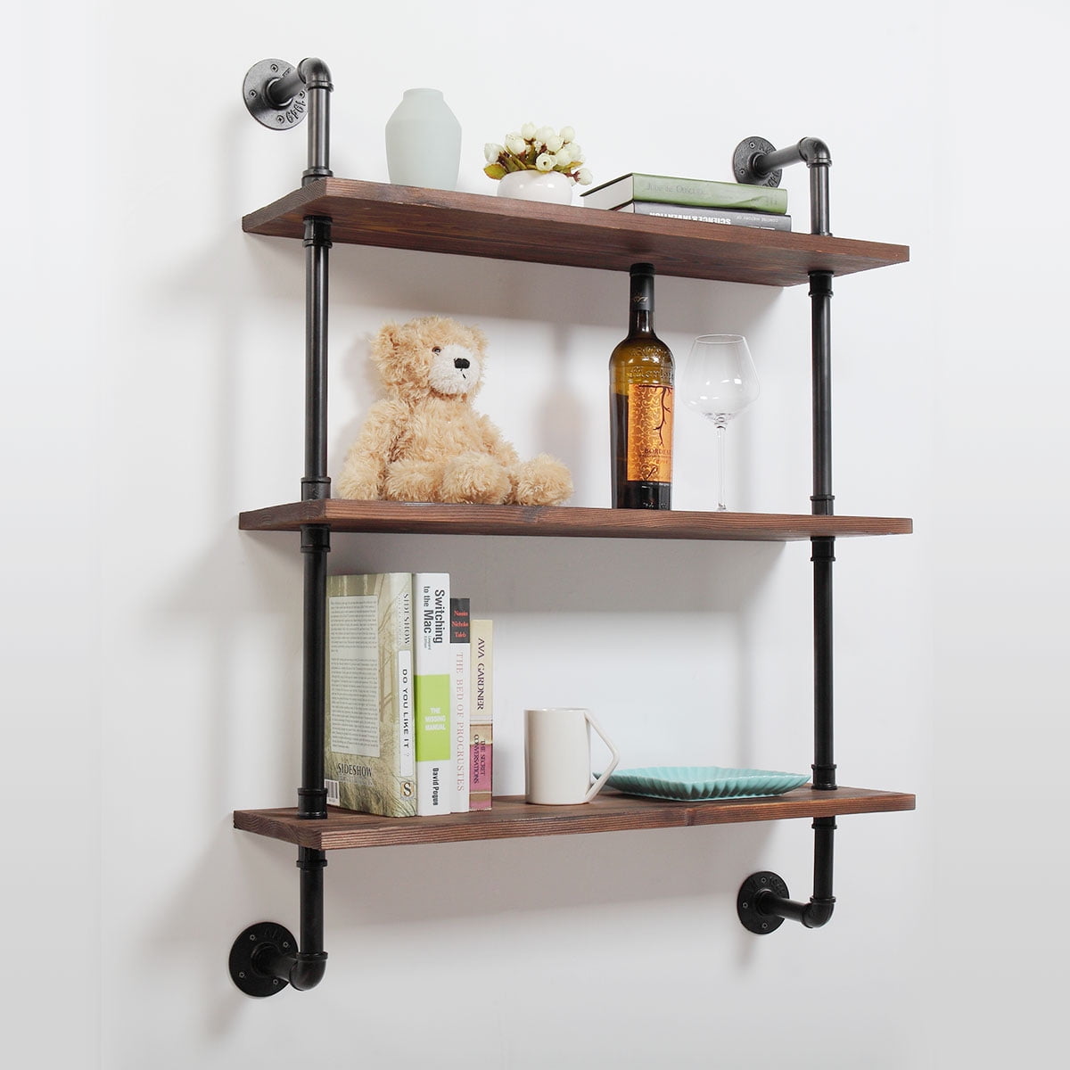 Industrial Style Iron Pipe Double Wooden Adjustable Shelf Shelving 