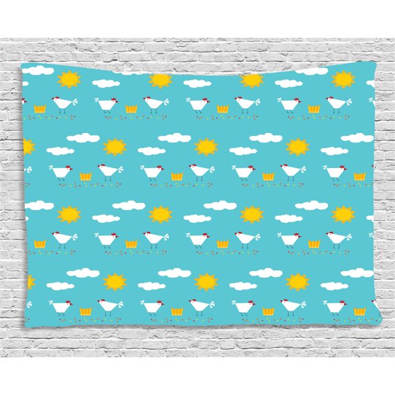 Cartoon Tapestry, Happy Funny Farm Morning Theme with Clouds Sun Rooster Get Up Kids Toddler, Wall Hanging for Bedroom Living Room Dorm Decor, 80W X 60L Inches, Aqua Orange White, by Ambesonne