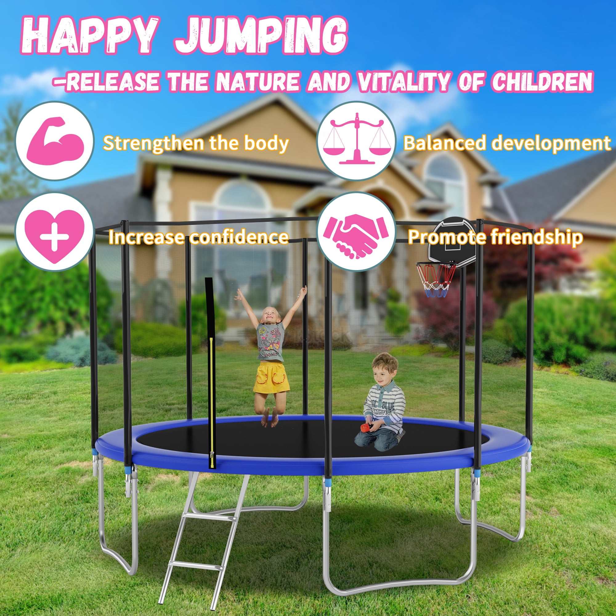 Shengchao Trade 1000LBS 12FT Trampoline for Adults and Kids,Trampoline with Enclosure,Basketball Hoop, Light,Recreational Trampoline with Ladder, Heavy Duty Trampoline Capacity for 4-6 Kids