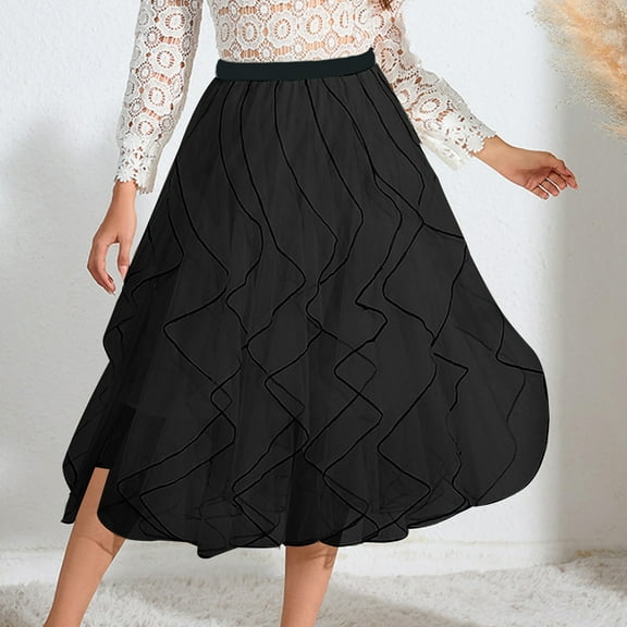 Ndbuld Maxi Skirts for Women High Waisted Elastic Long Floral Skirt Women Casual Summer Large Solid Elastic Waist Flax A-line Ankle Skirt Gift for Adults,Black,S