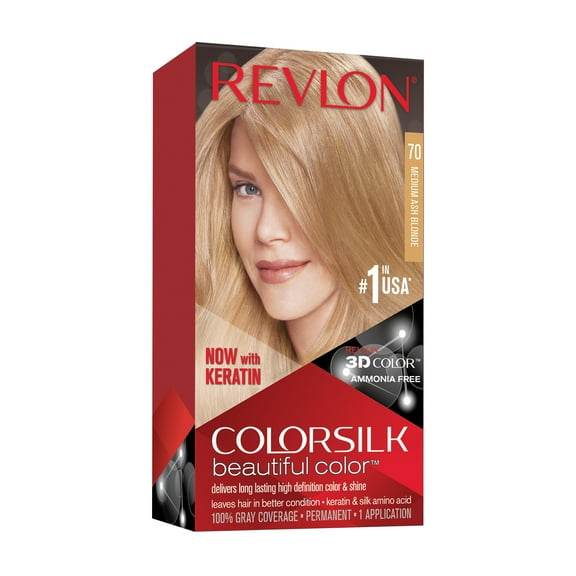 Revlon Colorsilk Beautiful Color Permanent Hair Dye, Dark Brown, At-Home Full Coverage Application Kit, 70 Medium Ash Blonde, 1 count