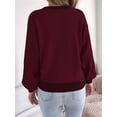 thumbnail image 6 of Women Casual Knit Crew Neck Contrast Striped Lantern Long Sleeve Loose Knit Pullover Sweater Wine Red XL, 6 of 9