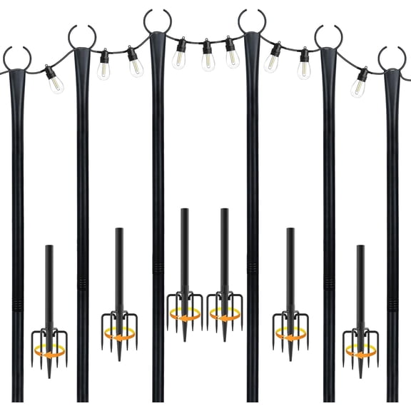 10 Ft String Light Poles for Outside, 6 Pack Heavy-Duty Metal Poles for Outdoor Hanging Lights with Fence Brackets, Outdoor String Light Pole Stand for Patio, Backyard, Garden