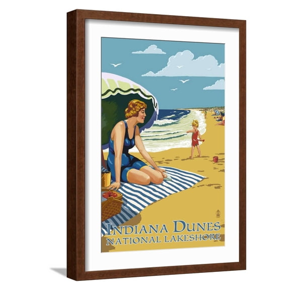 Art.com Indiana Dunes National Seashore, Indiana - Woman on Beach Art Print by Lantern Press, Brown Frame Wall Art, 17" x 23"