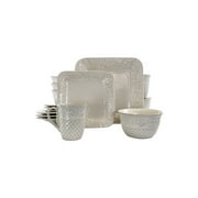 Elama Ivory Lotus 16 Piece Square Dinnerware Set