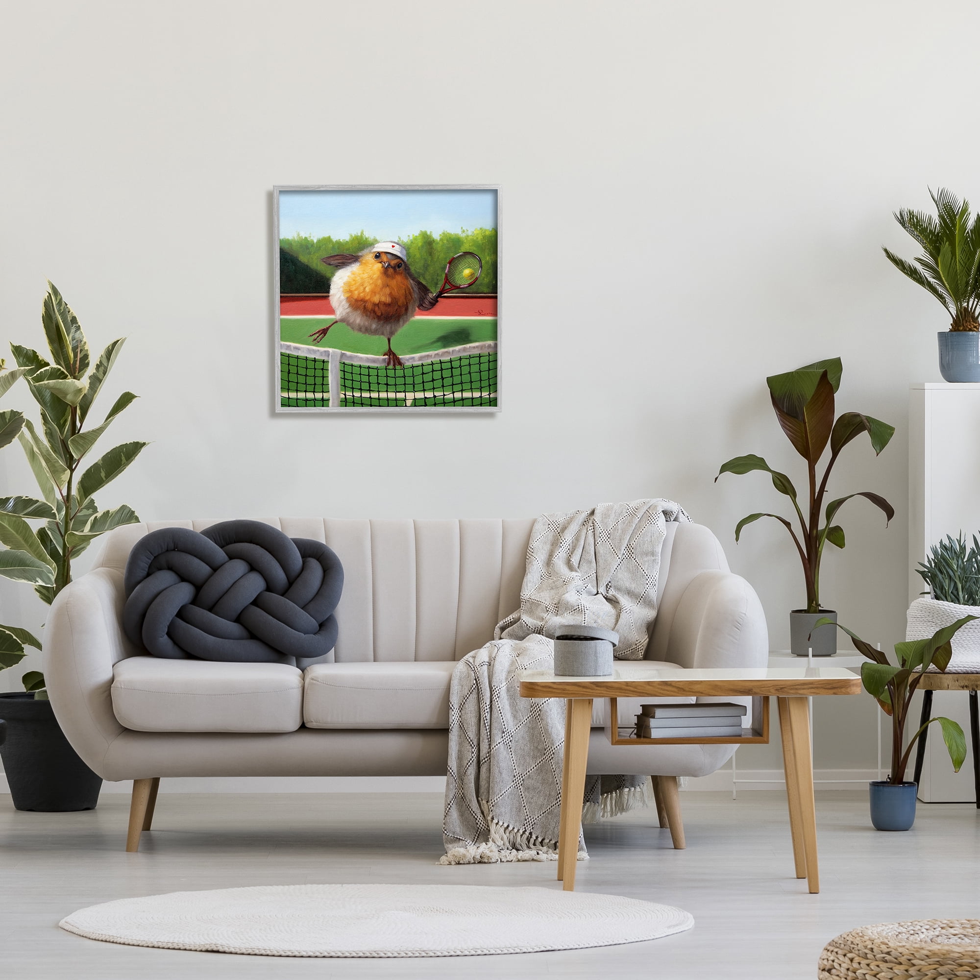 Stupell Industries European Robin Playing Tennis Clear Summer Sky Animals & Insects Painting Gray Framed Art Print Wall Art, 24 x 24