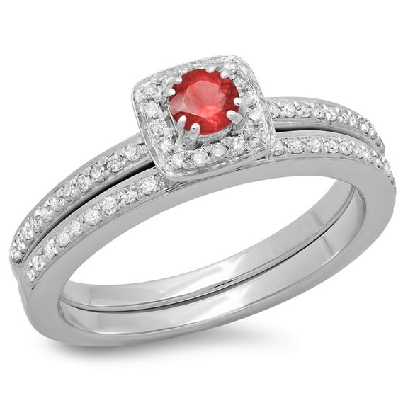 Dazzlingrock Collection 10K Round Ruby & White Diamond Ladies Bridal Halo Engagement Ring Set, White Gold, Size 8.5