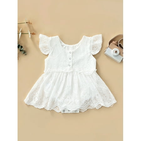 

Chollius Infant Baby Girl Clothes Lace Romper Dress Crew Neck Short Sleeve Rib Triangle Snap Bodysuit Summer Clothes