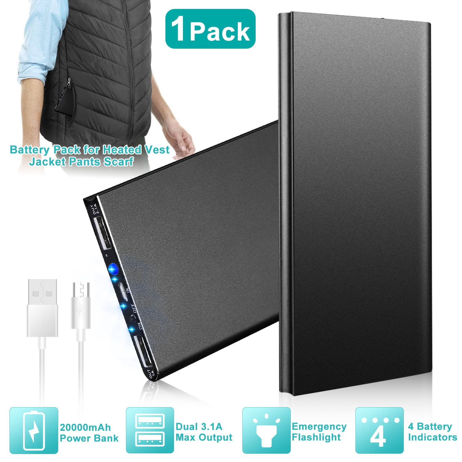 TeqHome 20000mAh Power Bank for Heated Vest Portable Charger 5V 2.1A Dual USB Ports Battery Pack for Heated Blanket Clothing Black