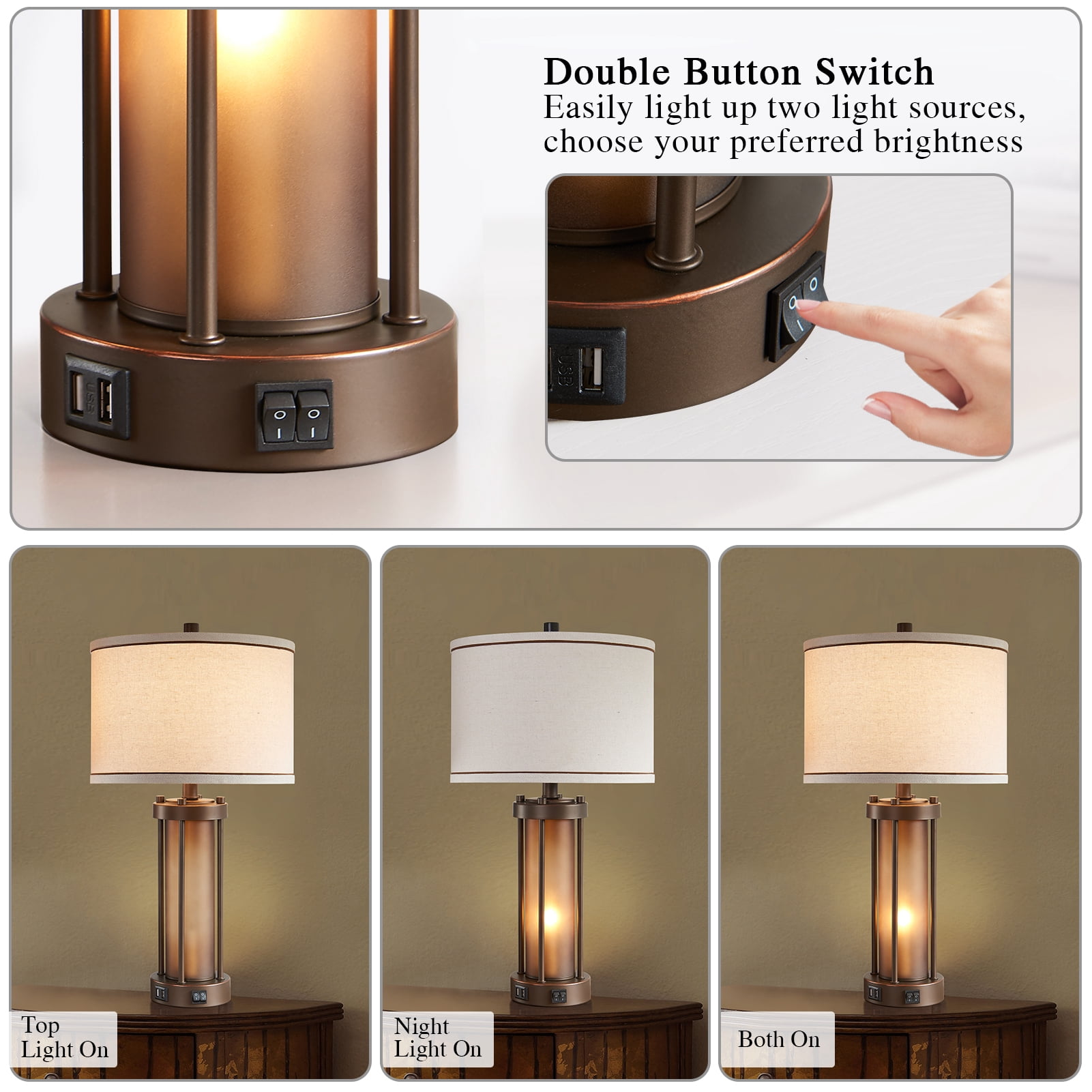 RORIA 24”Living Room Table Lamps Set of 2, Modern Farmhouse Style, Features Dual USB C&A Charging Ports and Night Light, Suitable for Bedrooms and Bedside Tables
