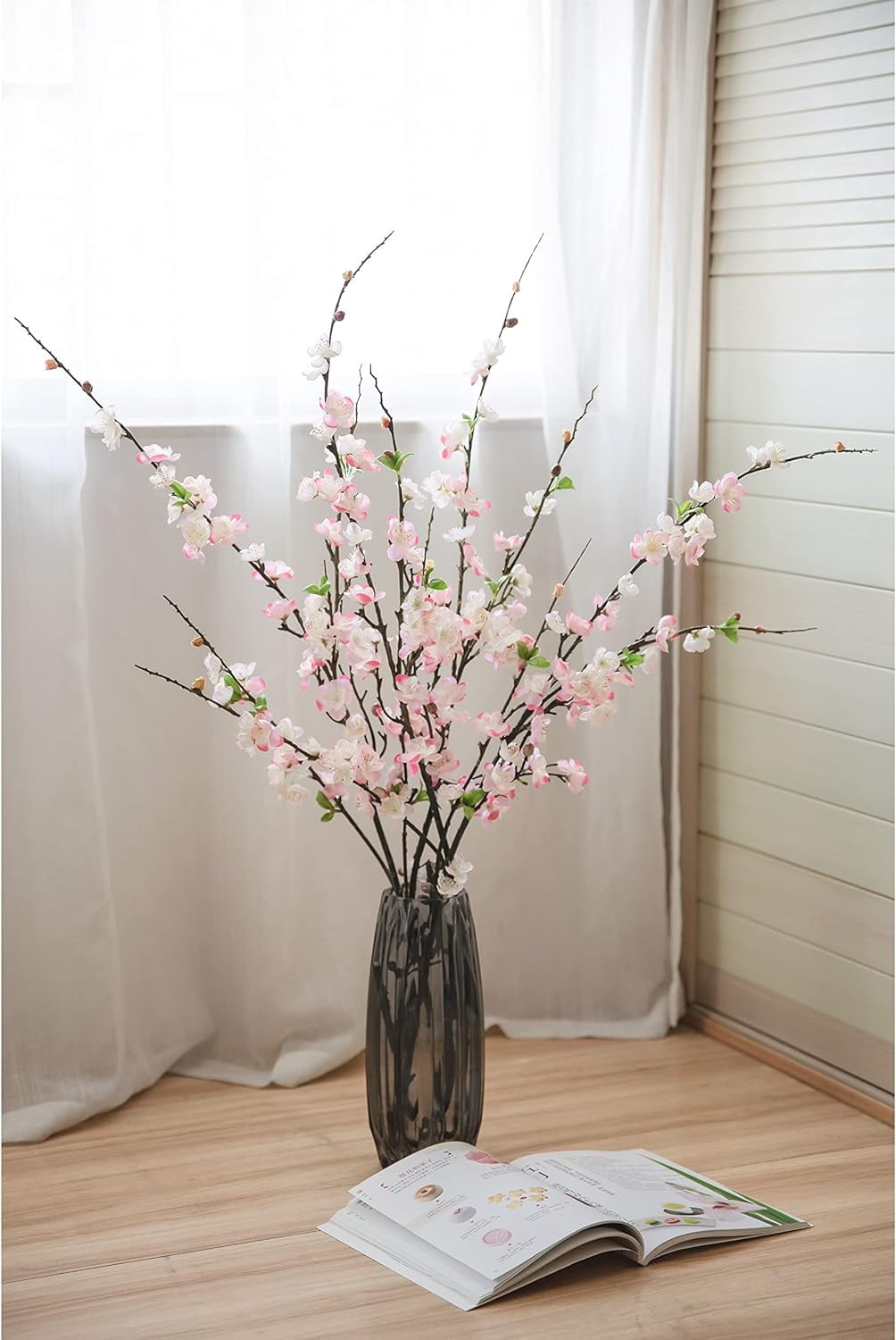 Artificial Cherry Blossom Branches, Faux Fake Plum Flowers Real Touch Boutique Bulk for Home Wedding Office Decoration, 35”Long Stems for Tall Vase (3PCS, White)