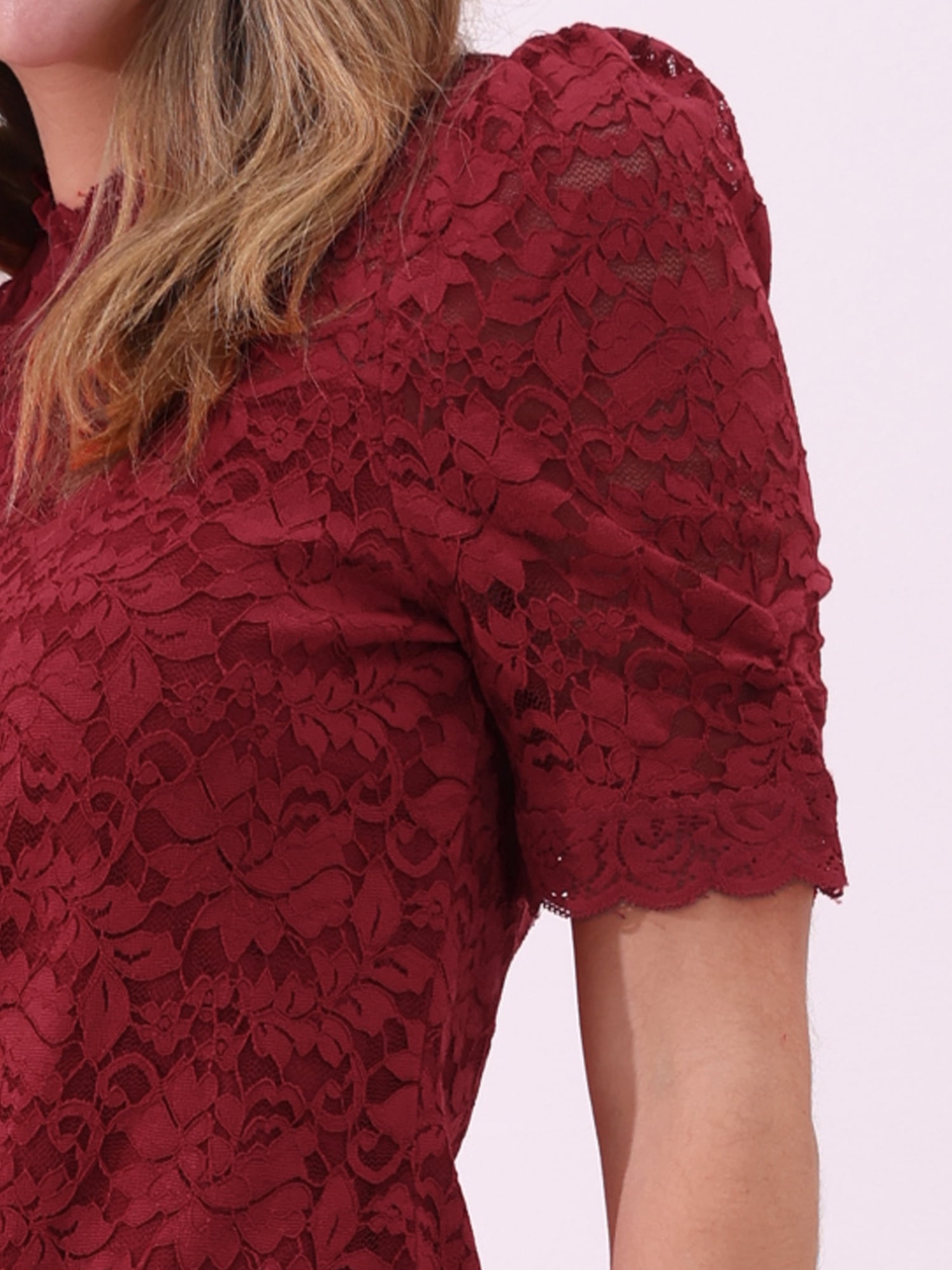 DARING DIVA Women's Lace Tops Mock Neck Puff Short Sleeve Floral Blouses L Dark Red