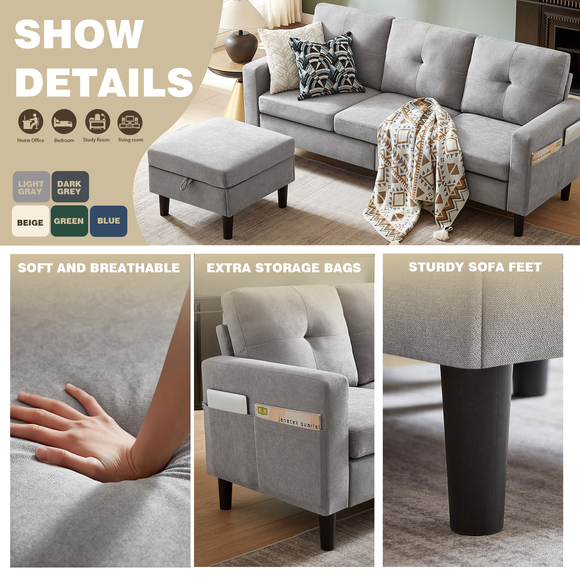 79" Convertible Sectional Sofa Set, Modern Linen Small L Shaped Couch with Reversible Chaise and Loveseat Sofa, 3-Seat Sofa Couches for Living Room, Office, Apartment, Lightgrey