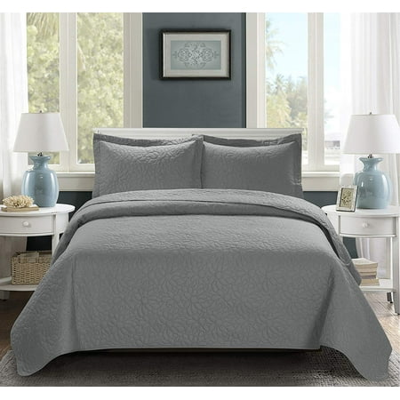 Bedspread Chocolate 3 Piece Oversize Bedspread Gray Color -TINOS Daisy Ultrasonic Embossed Bedspread Set with Two Shams - Oversized Coverlet Queen 100x106 inches - Hypoallergenic,Fade Resistant,Wrinkle Resistant,Soft ()
