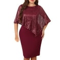 thumbnail image 2 of qelini Womens Plus Size Lace Dress Spring Short Sleeve Round Neck Cape A Line Dresses Elegant Evening Party Wedding Guest Solid Color Pencil Dress Wine L, 2 of 4